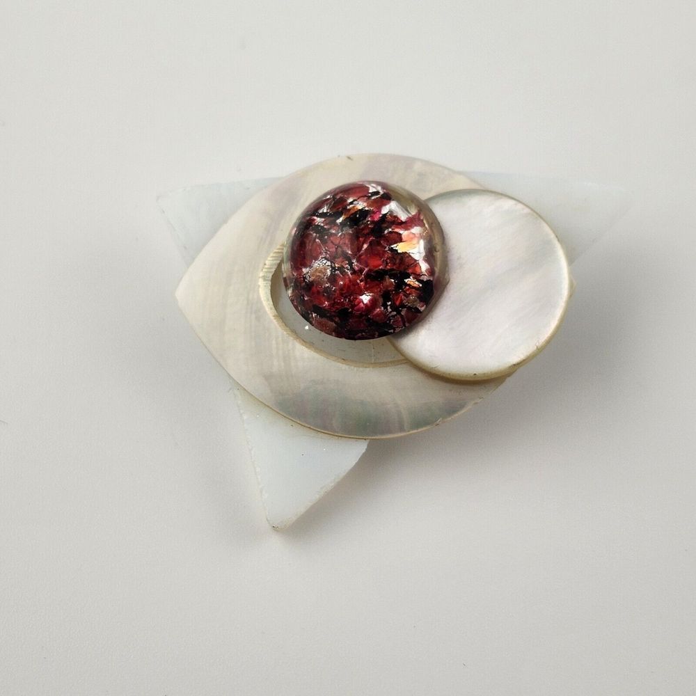 Vintage Abstract Modernist Foil Cabochon‎ Mother Of Pearl Brooch Artisan